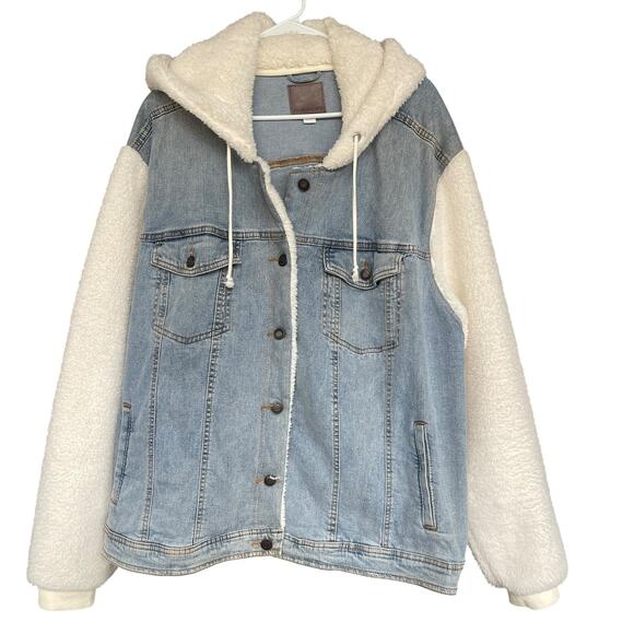 Maurices Jacket Womens 4X Blue Denim Trucker Sherpa Hood Faux Shearling Sleeves - Picture 1 of 8